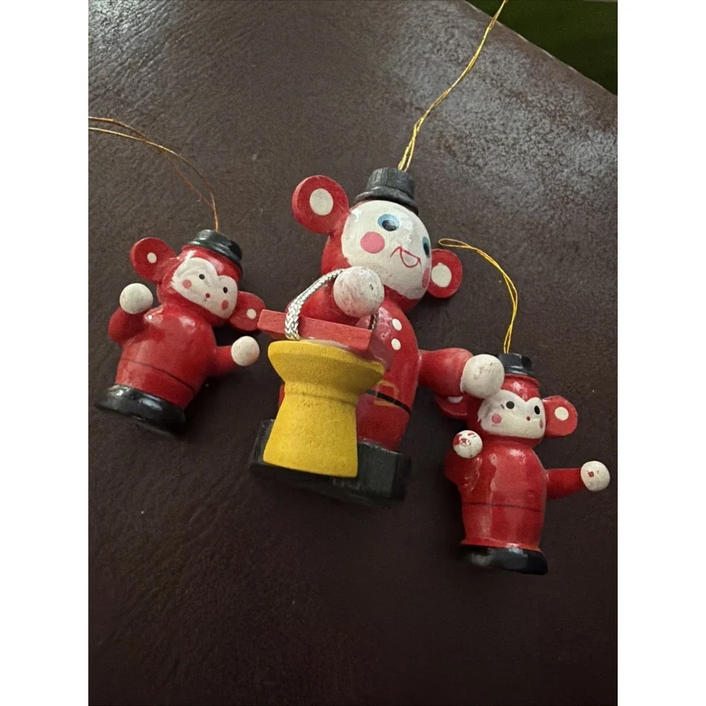 VTG Set Of 3 Wooden Handpainted Christmas Tree Ornament Mouse in Uniform